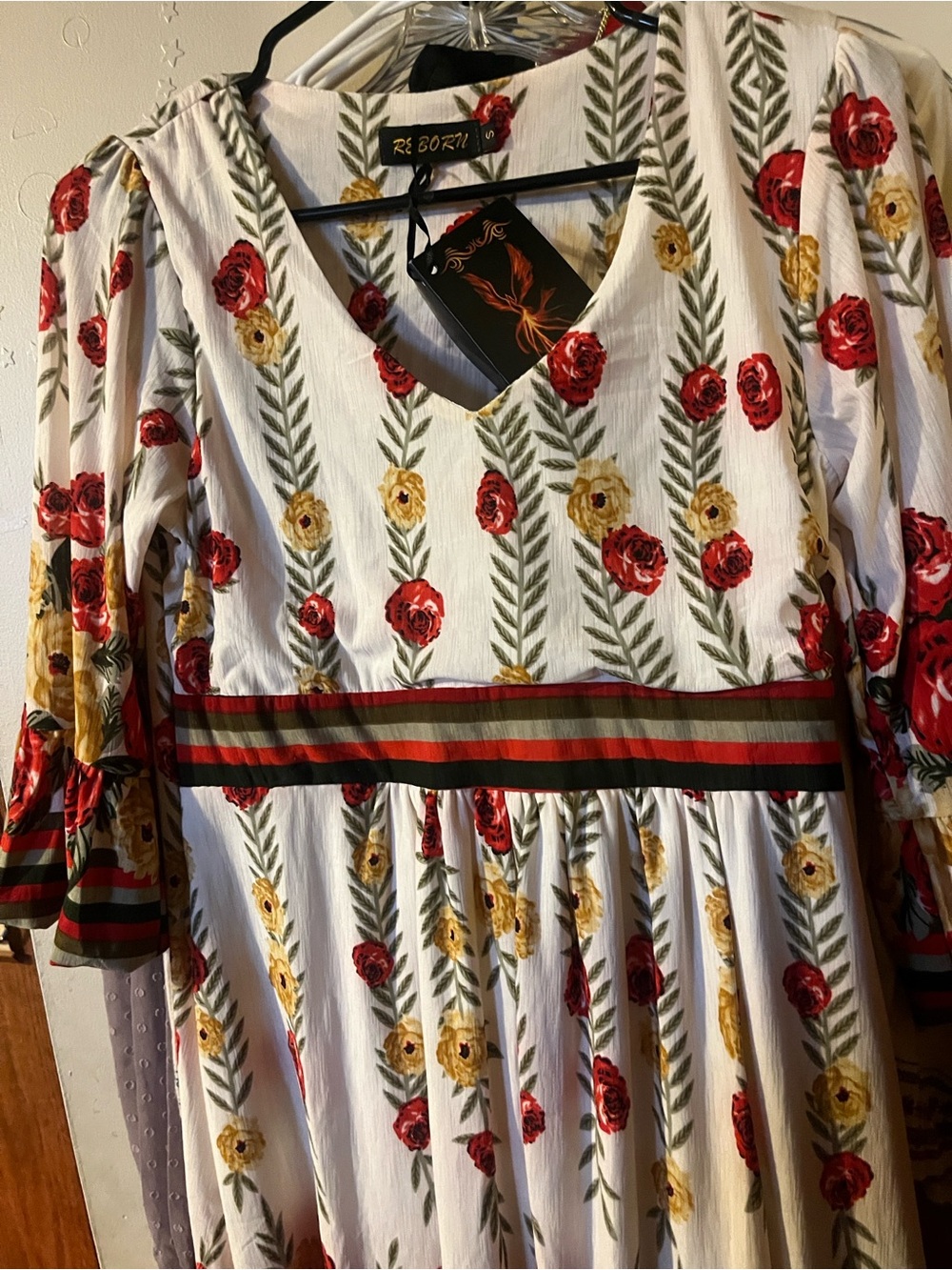 Reborn Floral V-Neck Maxi Dress in White with Red & Yellow Roses